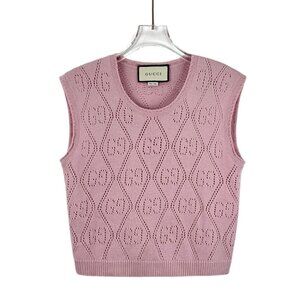 Gucci Pink Logo Pattern Wool Sleeveless Knitted Vest S Round Neck Made In Italy